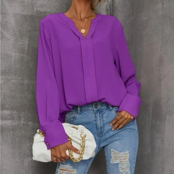 New v neck purple long sleeve blouse - Picture 3 of 6